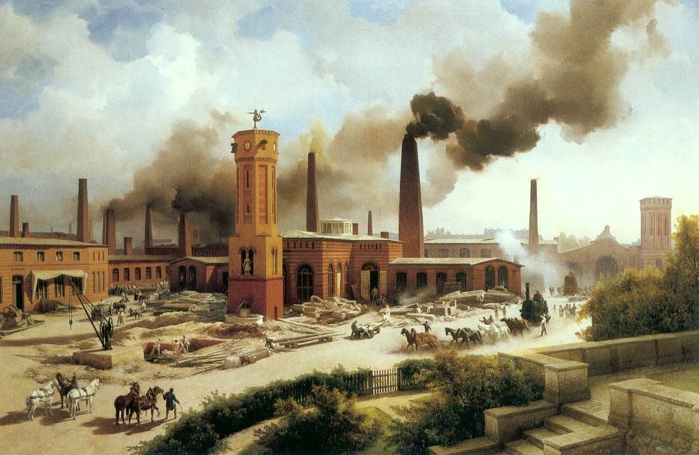 Ironworks Borsig, Berlin painting by Karl Eduard Biermann Industrial Revolution-min