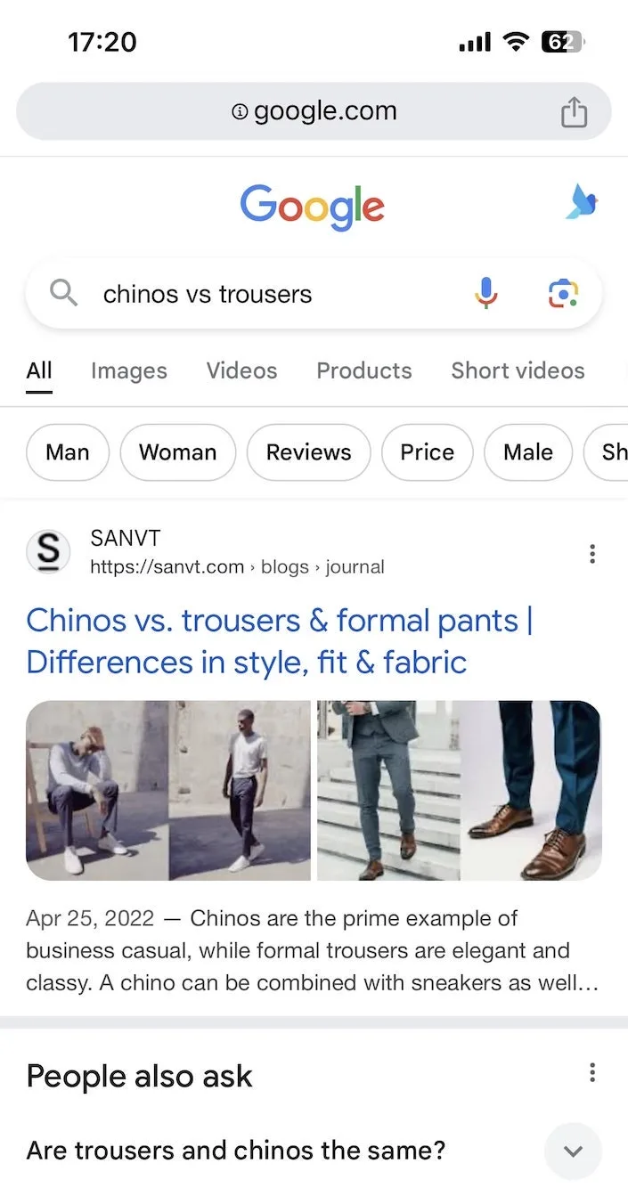 sanvt seo search for case study chinos vs trousers