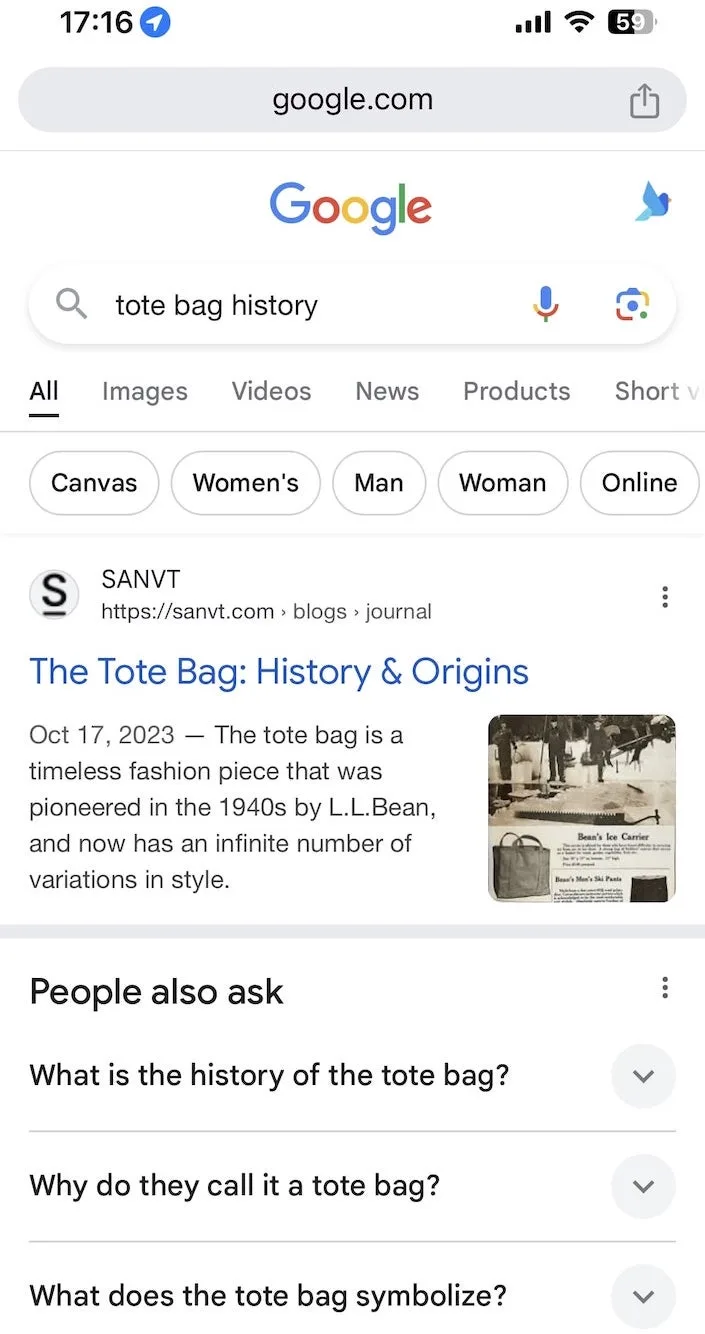 sanvt seo search for case study tote bag history