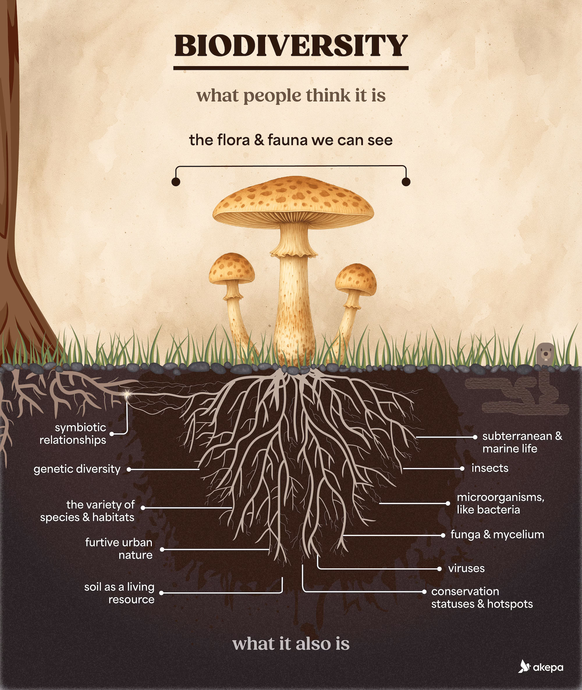 The mushroom of biodiversity infographic to explain what biodiversity is