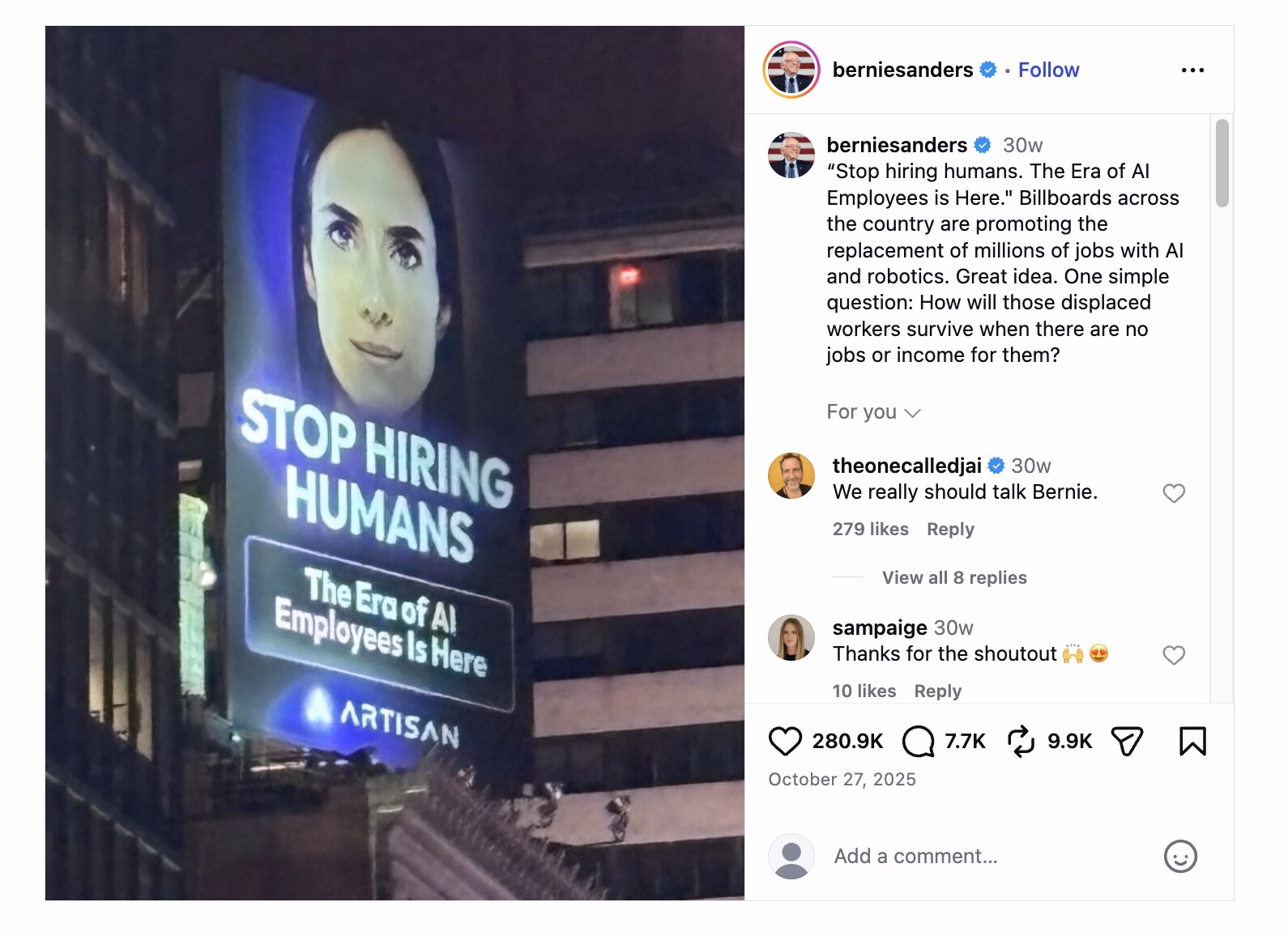 stop hiring humans advertising billboard from bernie sanders on instagram