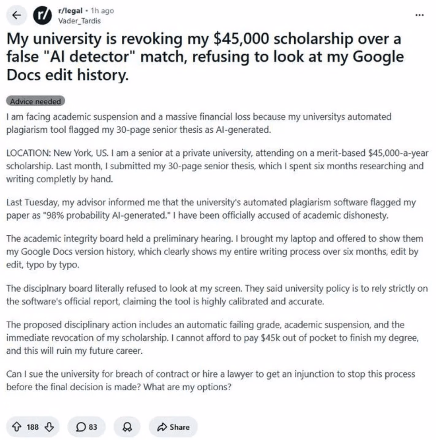 a reddit case of academic suspension due to AI